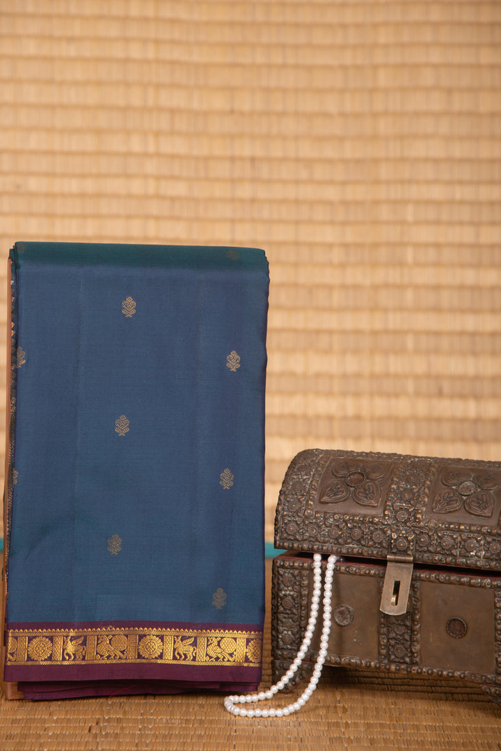 Airforce blue and purple small border pure kanchi silk saree