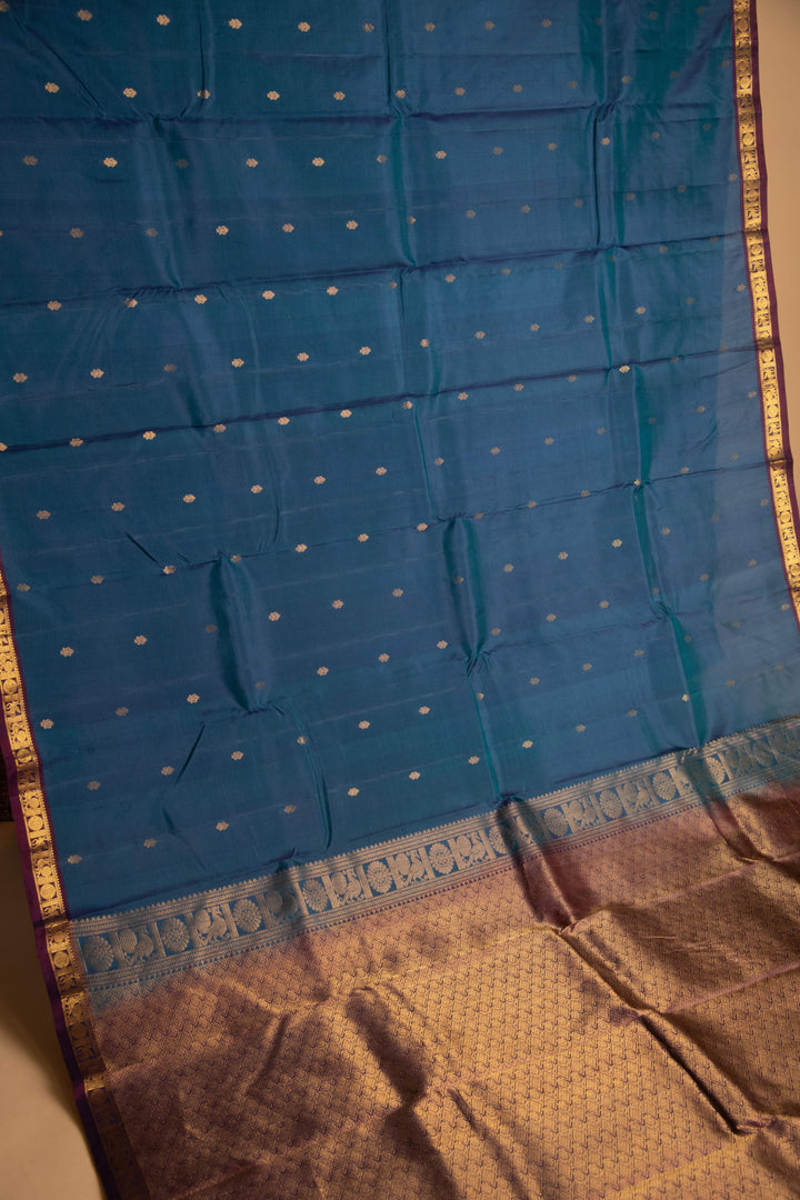 Airforce blue and purple small border pure kanchi silk saree