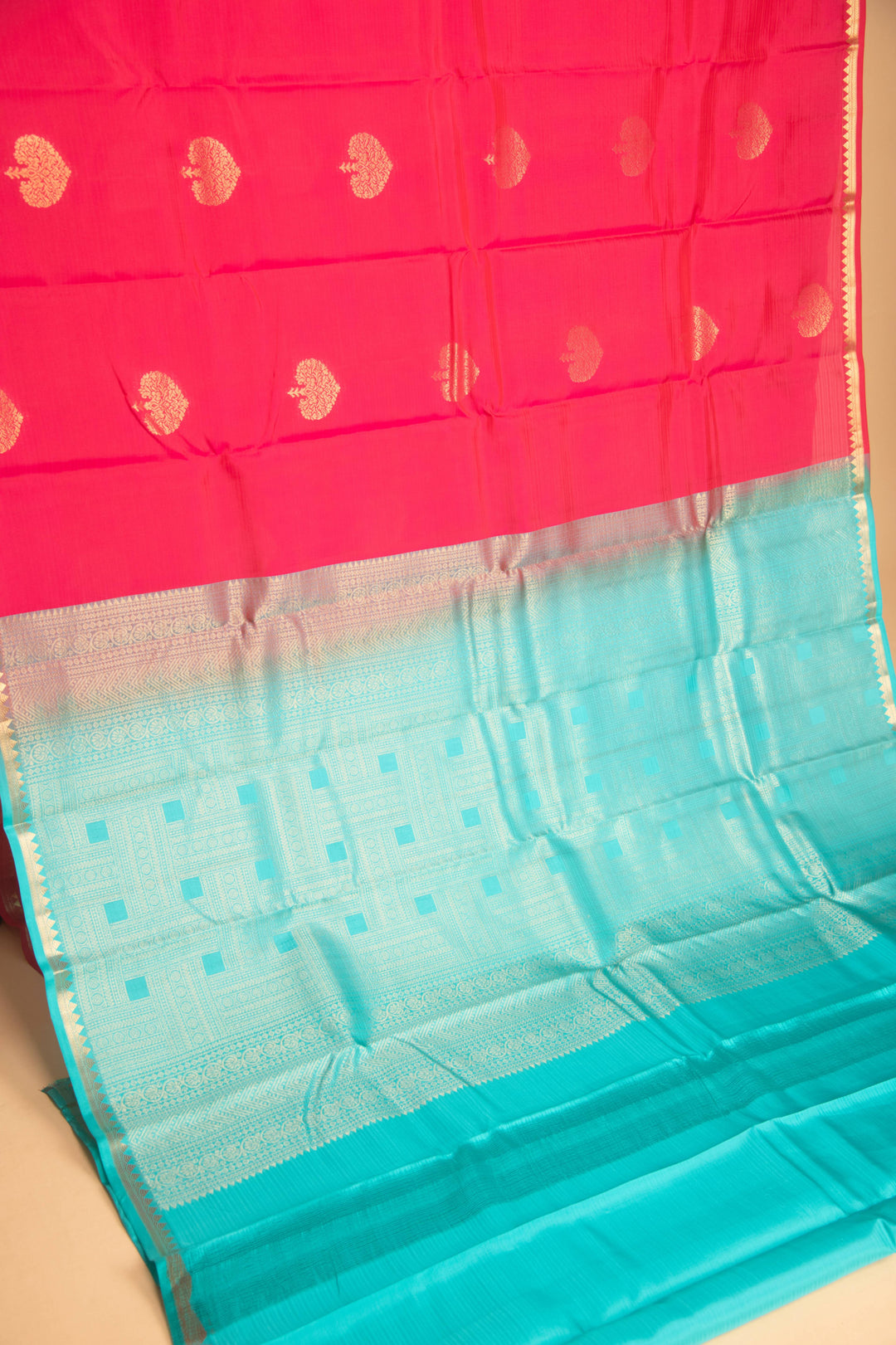 Ruby pink and turquoise pure touch silk saree