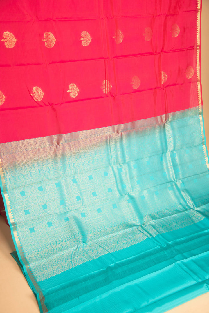 Ruby pink and turquoise pure touch silk saree