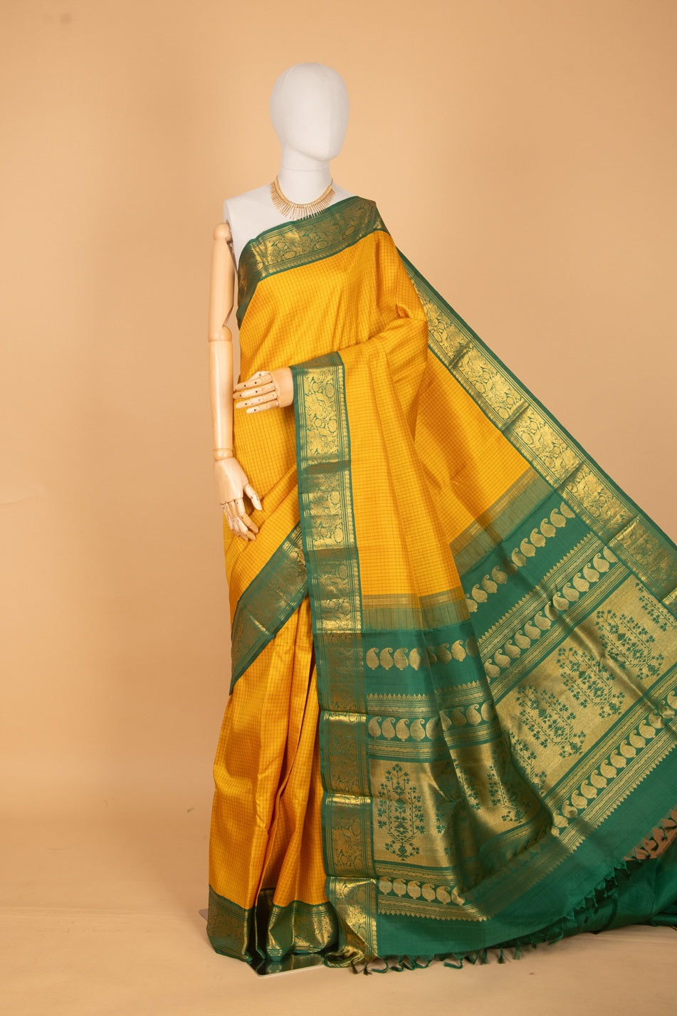Golden yellow and green korvai traditional silk saree