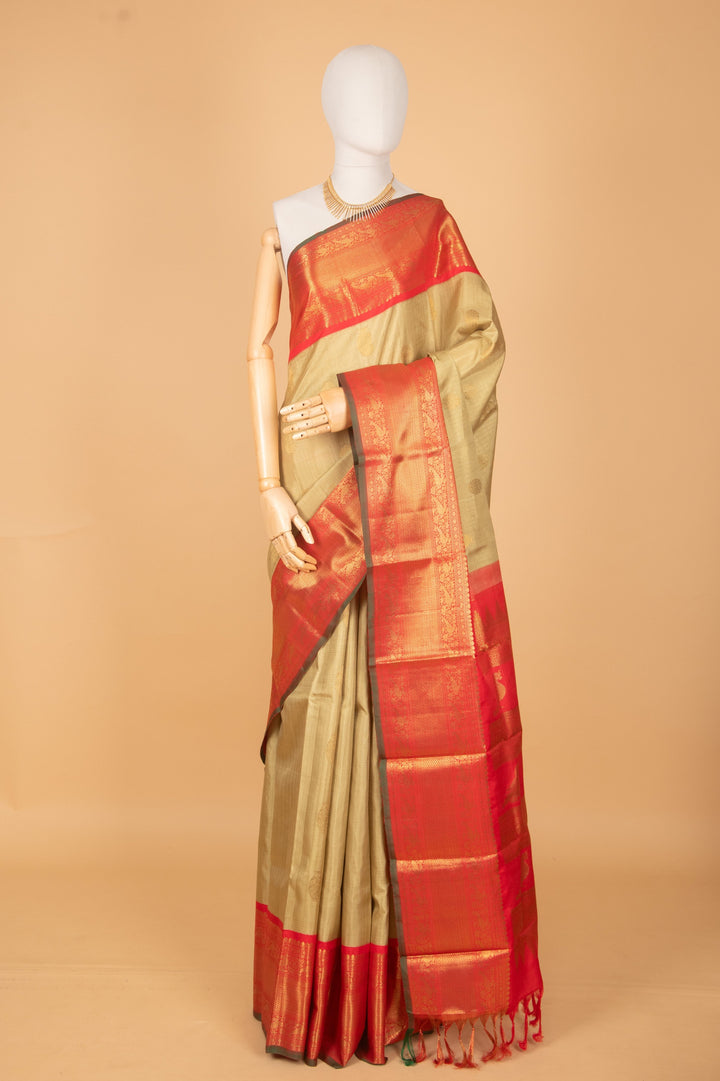 Teagreen and red pure zari kanchi silk saree