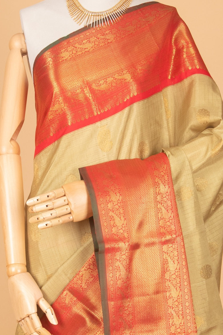 Teagreen and red pure zari kanchi silk saree