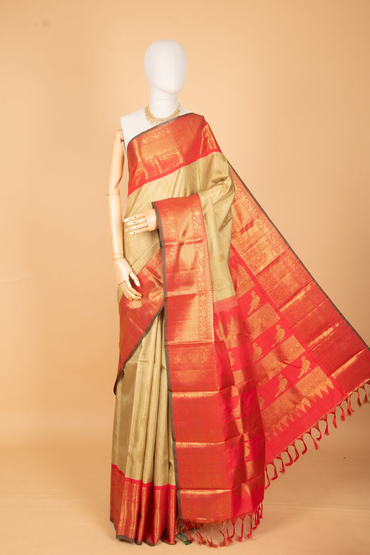 Teagreen and red pure zari kanchi silk saree