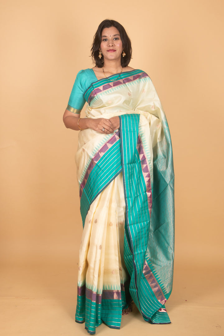 Offwhite and turquoise kanchi silk saree