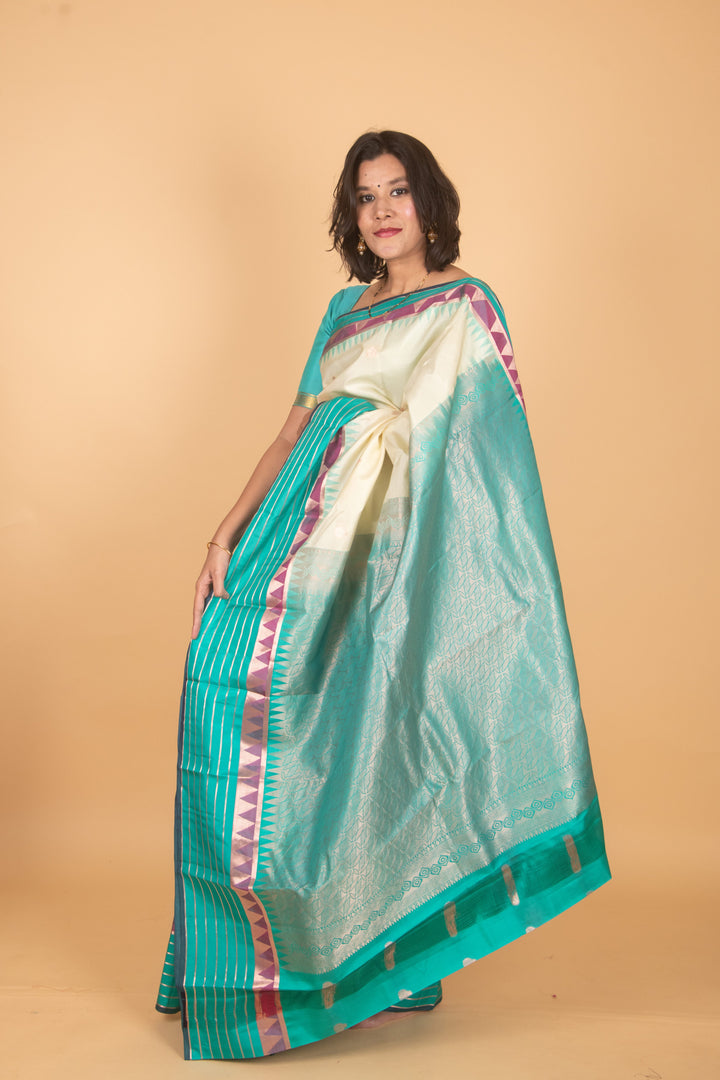 Offwhite and turquoise kanchi silk saree