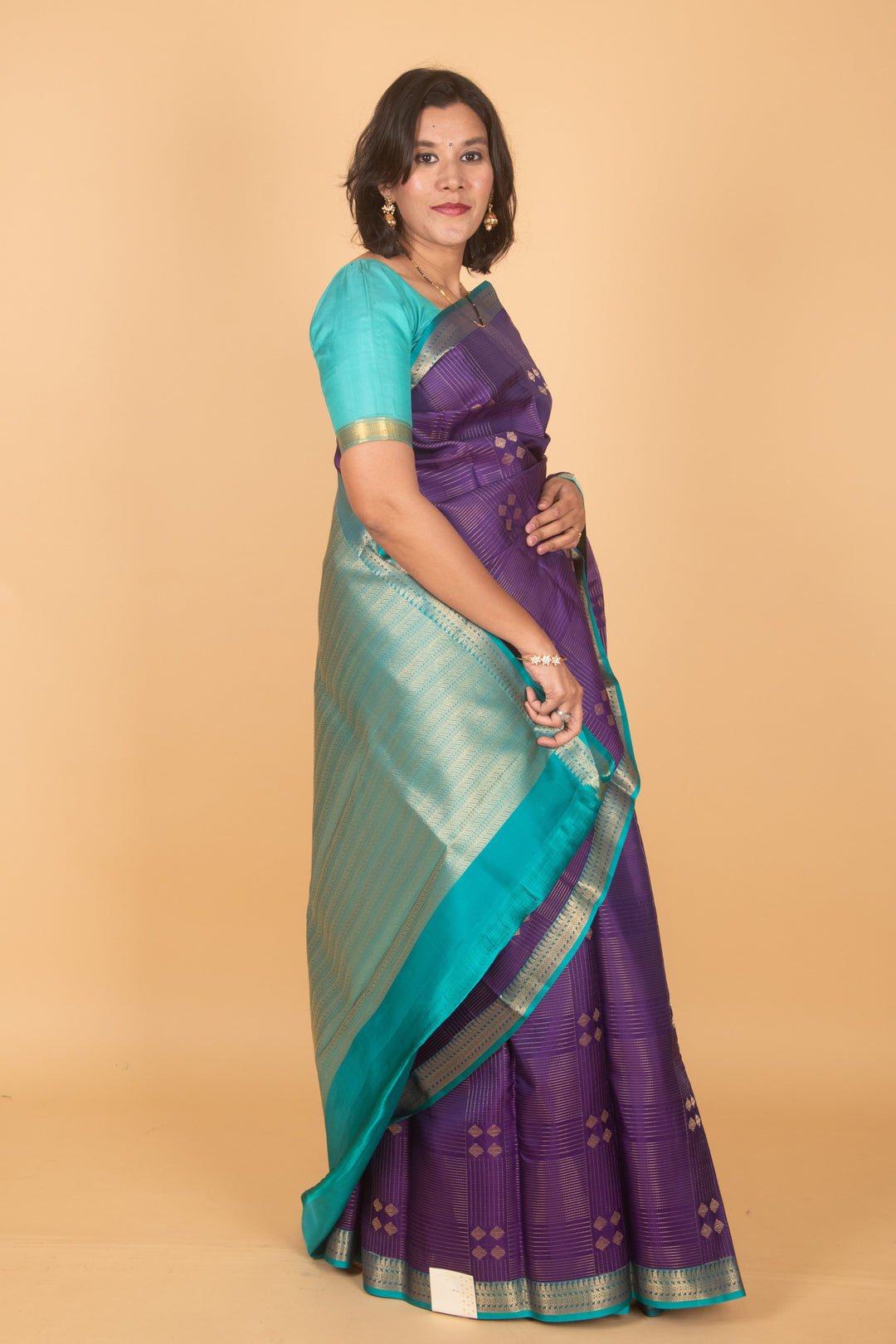Purpureus purple and teal small border silk saree