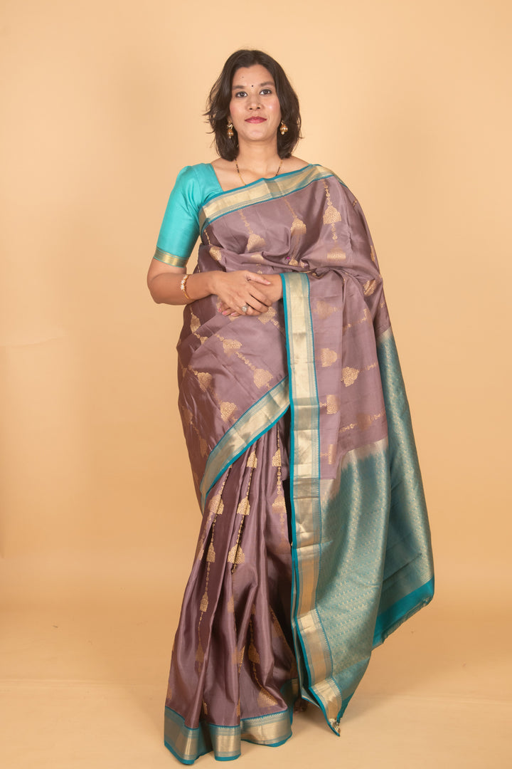 Dove grey and teal small border silk saree