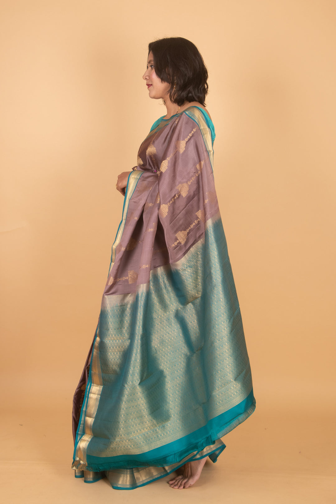 Dove grey and teal small border silk saree