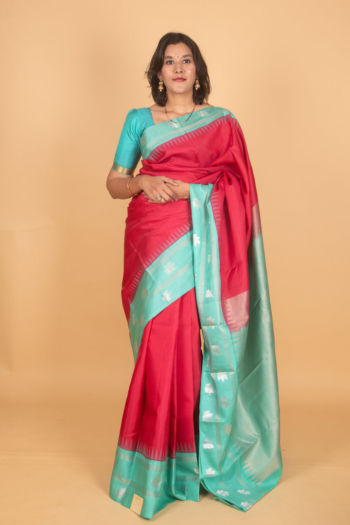 Raspberry pink and turquoise silk saree