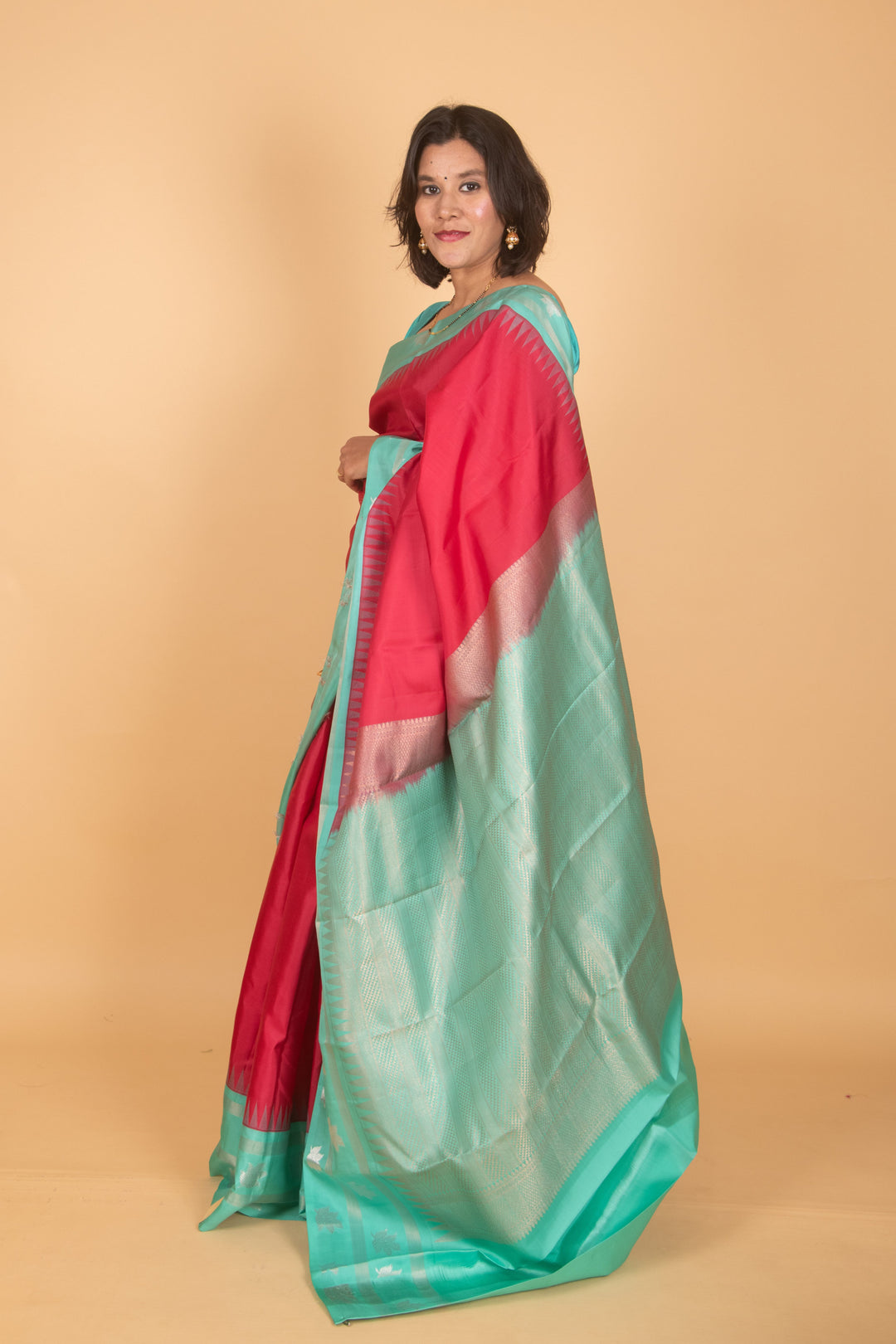 Raspberry pink and turquoise silk saree