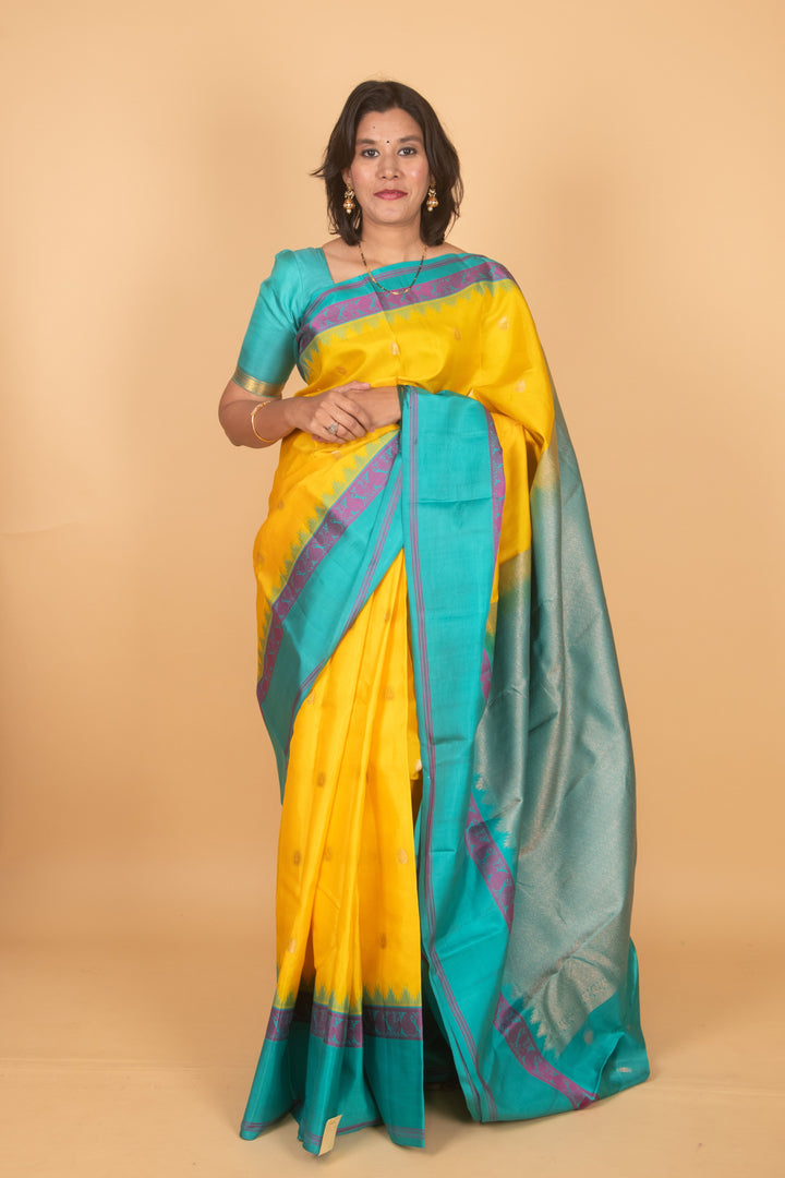 Yellow and turquoise kanchi silk saree
