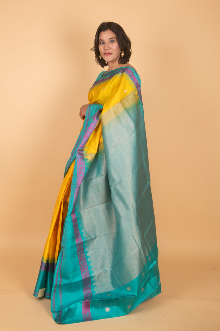 Yellow and turquoise kanchi silk saree