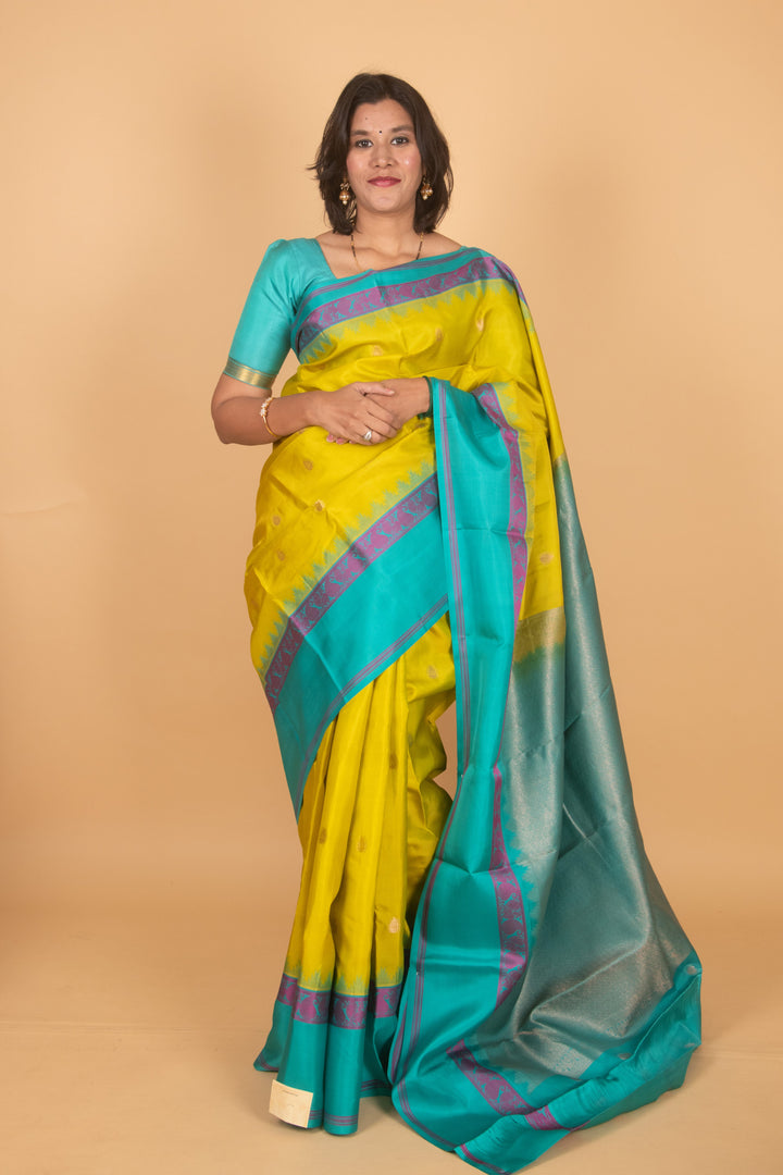 Lime green and turquoise pure kanchi silk saree