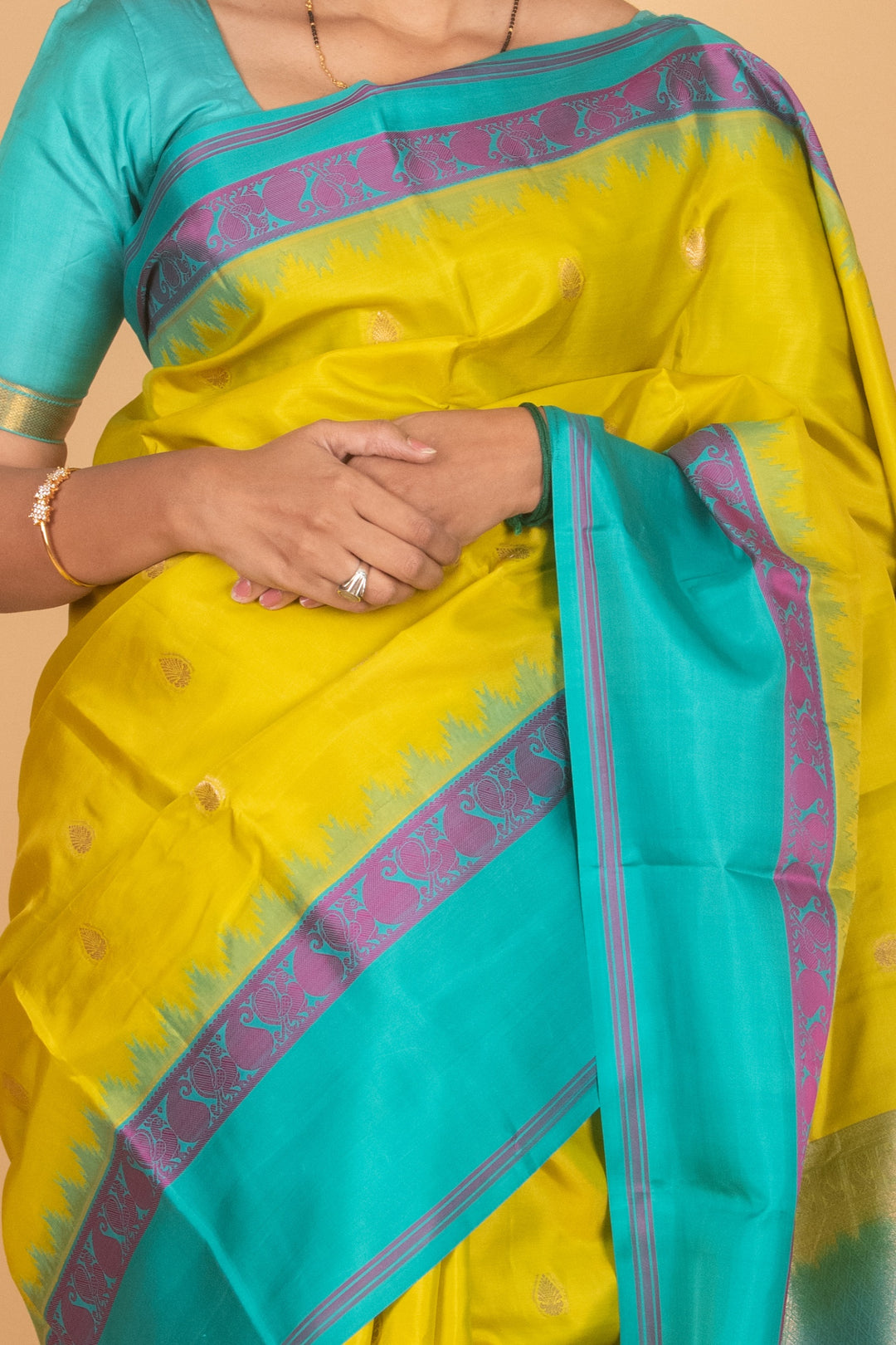 Lime green and turquoise pure kanchi silk saree