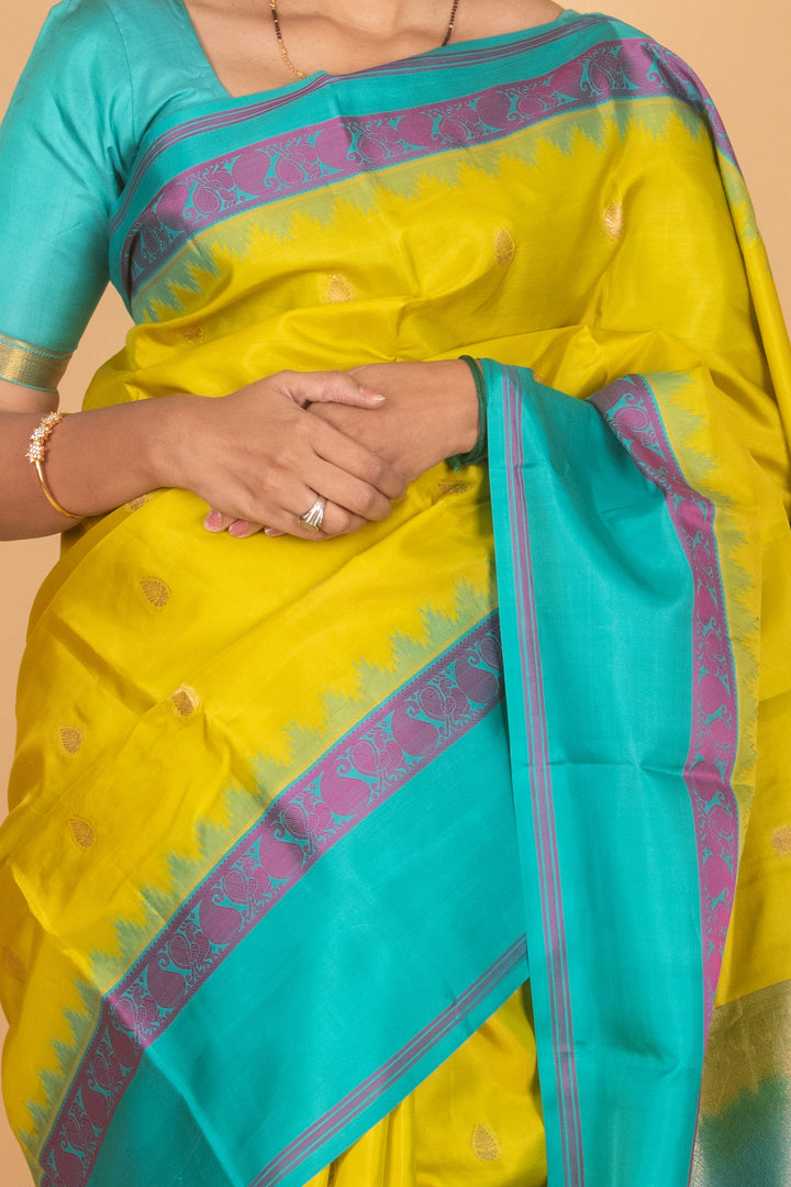 Lime green and turquoise pure kanchi silk saree