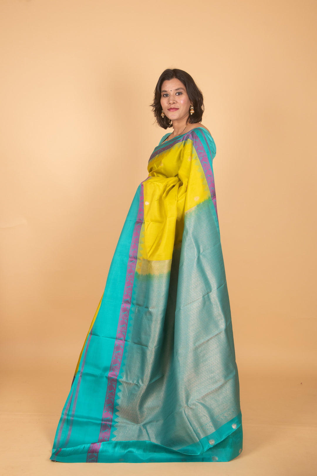 Lime green and turquoise pure kanchi silk saree
