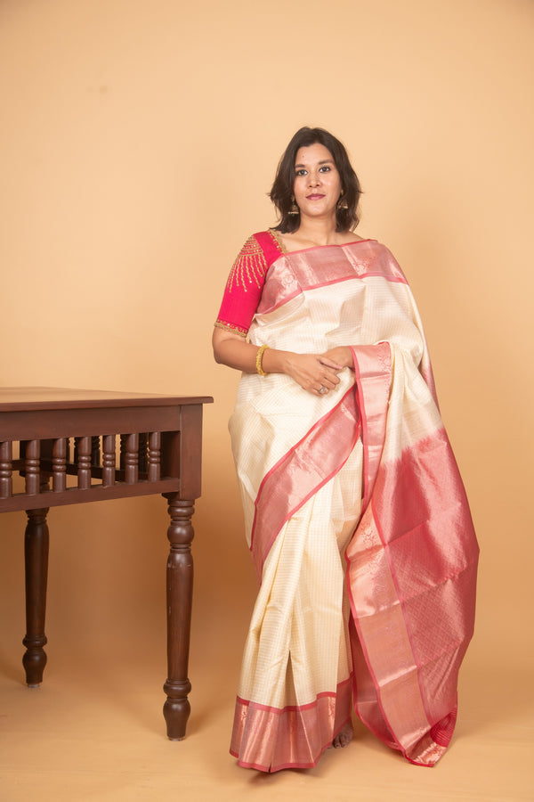 Antique white zari checks pure silk saree