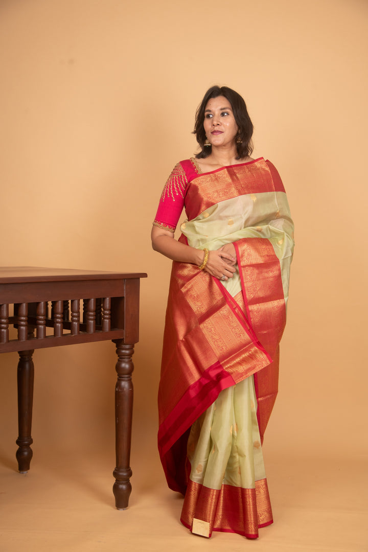 Gin green and red korvai silk saree