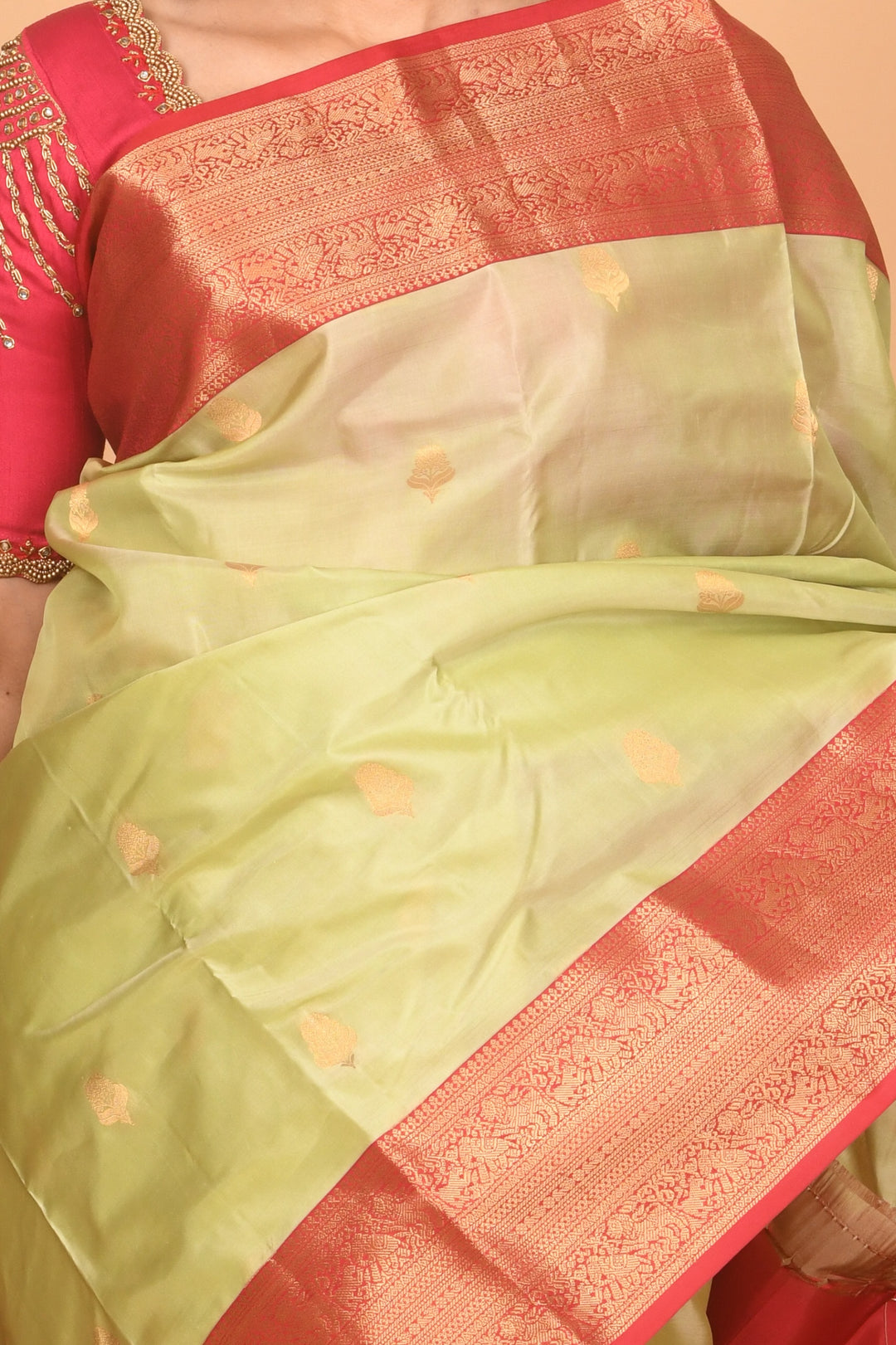 Gin green and red korvai silk saree