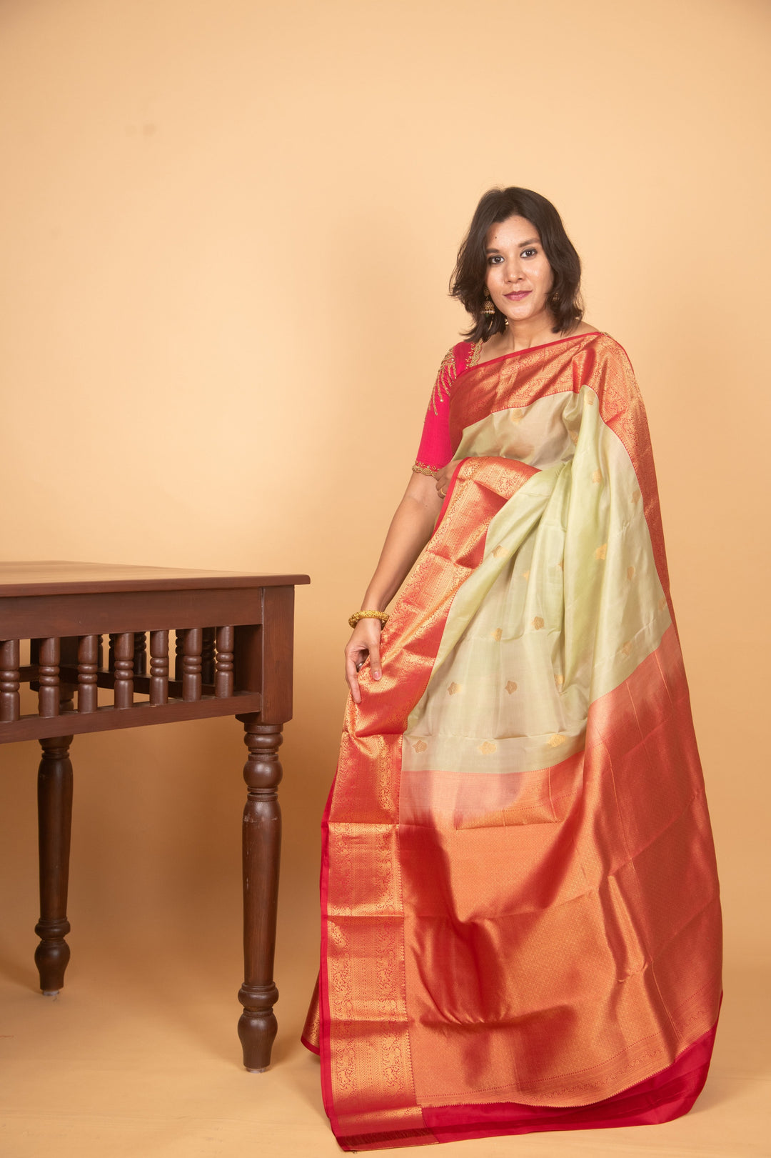 Gin green and red korvai silk saree