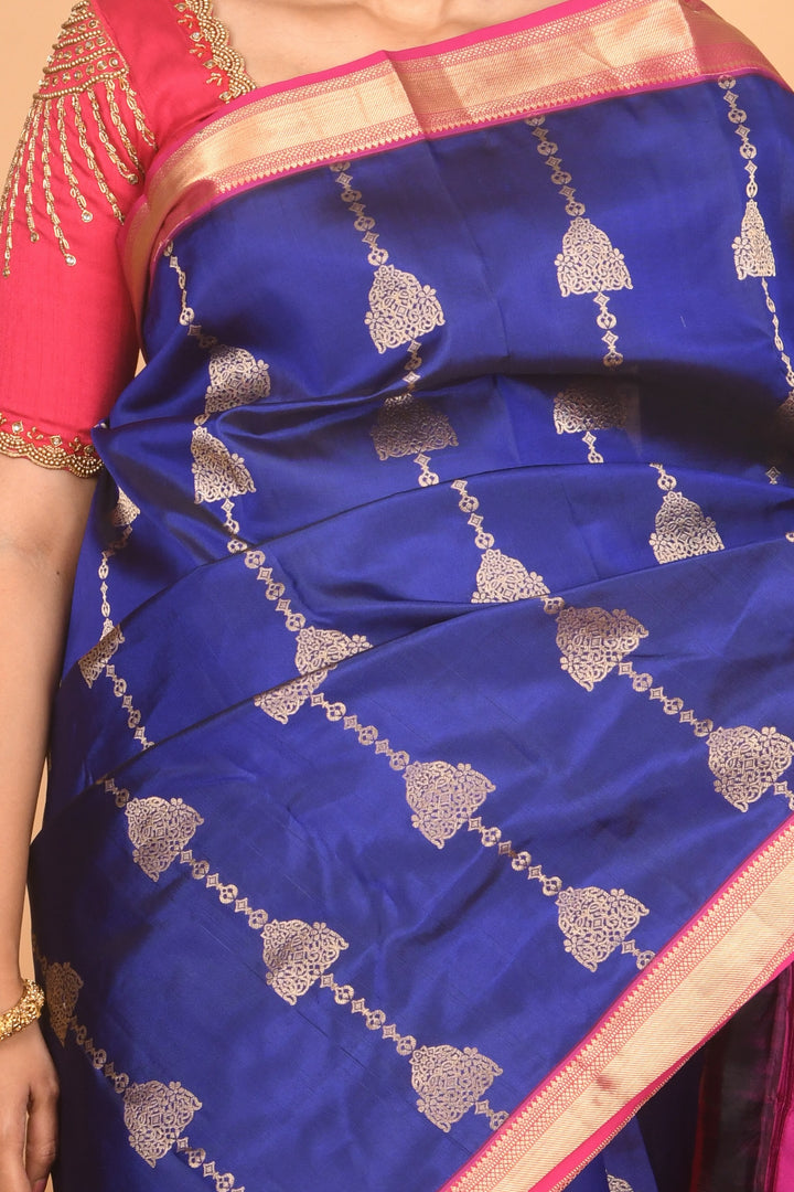 Admiral blue and pink silk saree