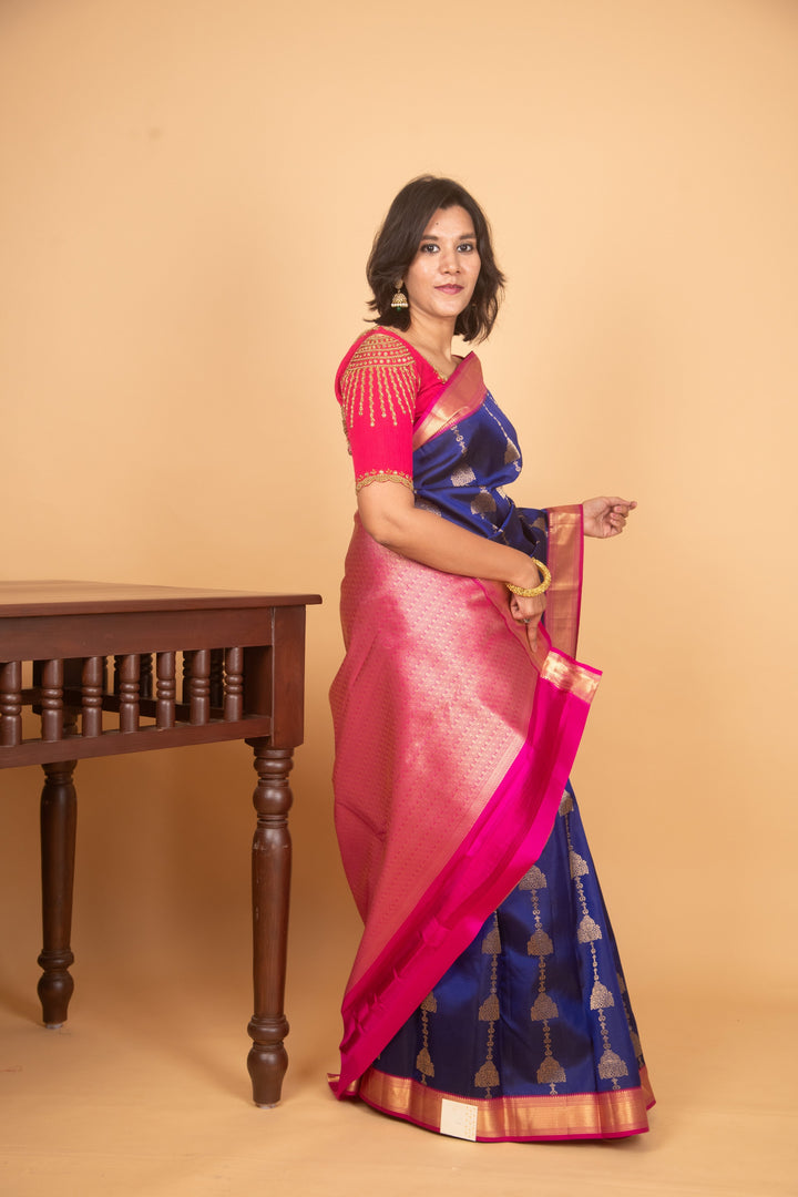 Admiral blue and pink silk saree