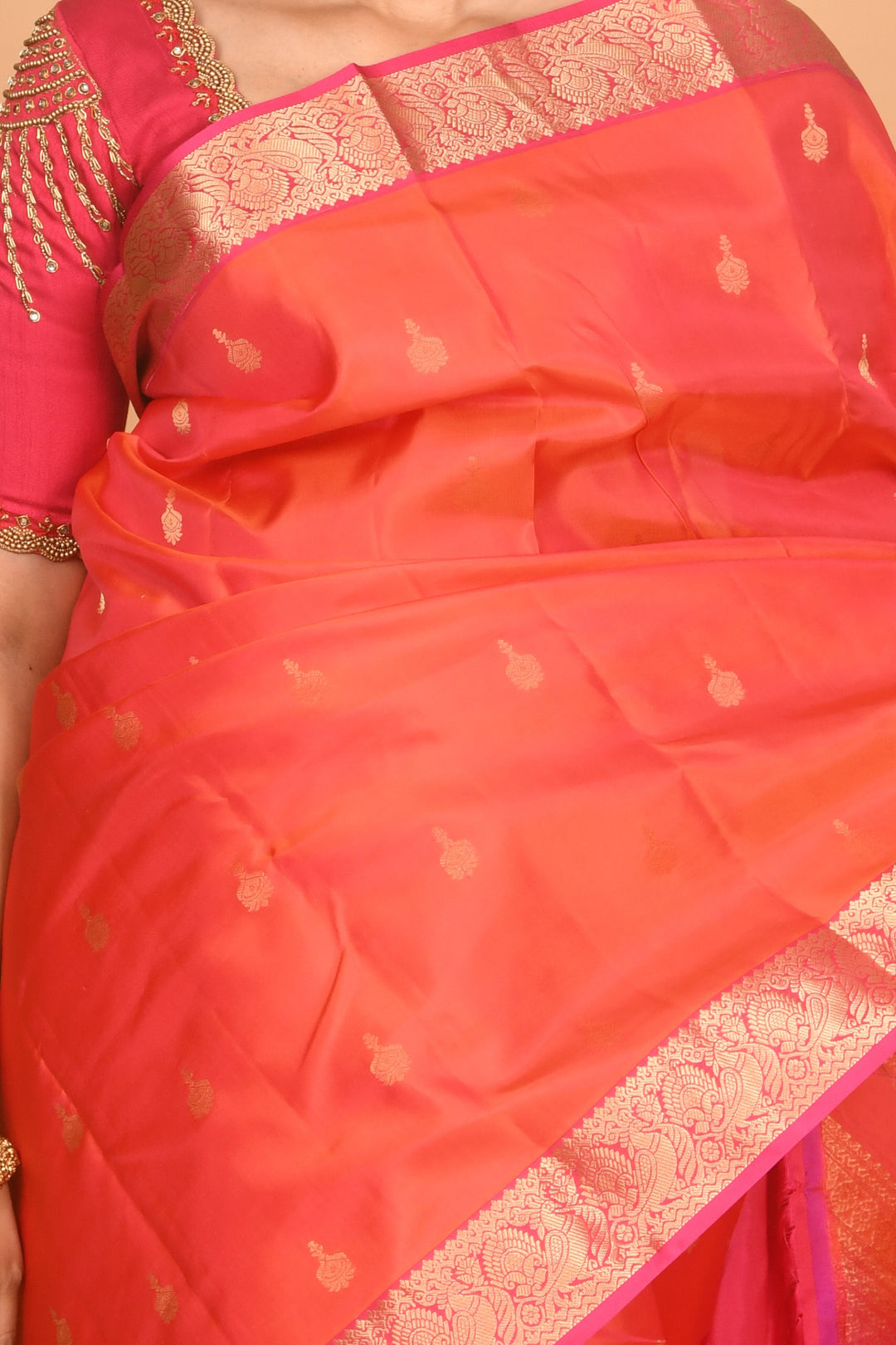 Lava orange and pink kanchi silk saree