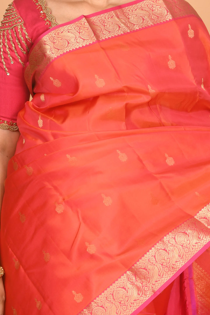 Lava orange and pink kanchi silk saree