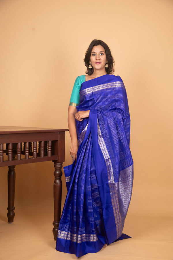 Admiral blue checks kanchi silk saree