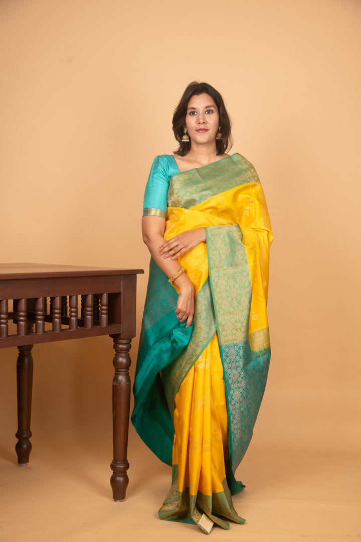 Bumblebee yellow and green pure silk saree