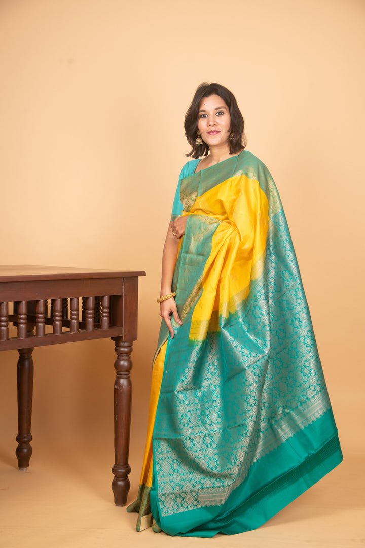 Bumblebee yellow and green pure silk saree