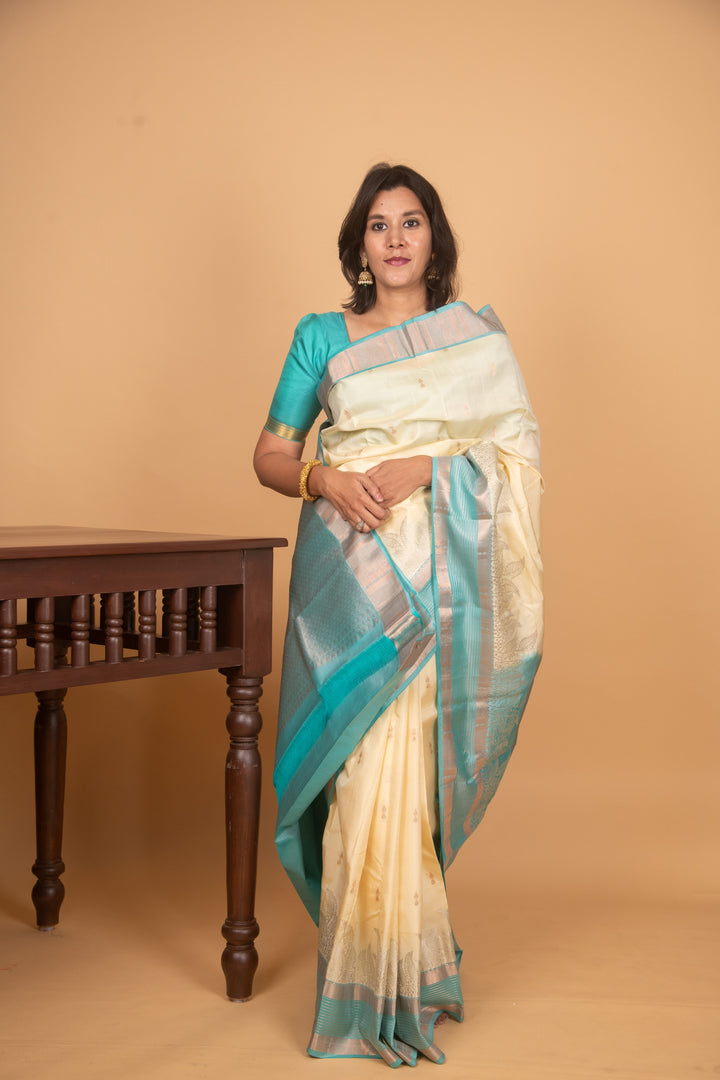 Daisy white and baby blue silk saree