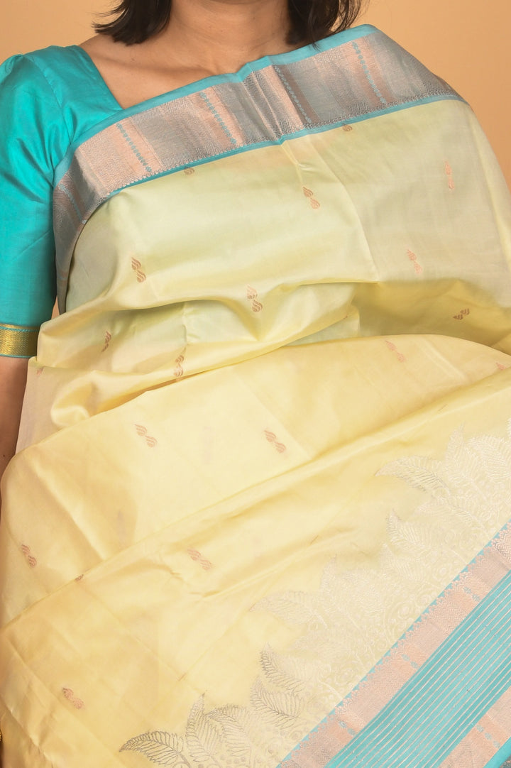 Daisy white and baby blue silk saree