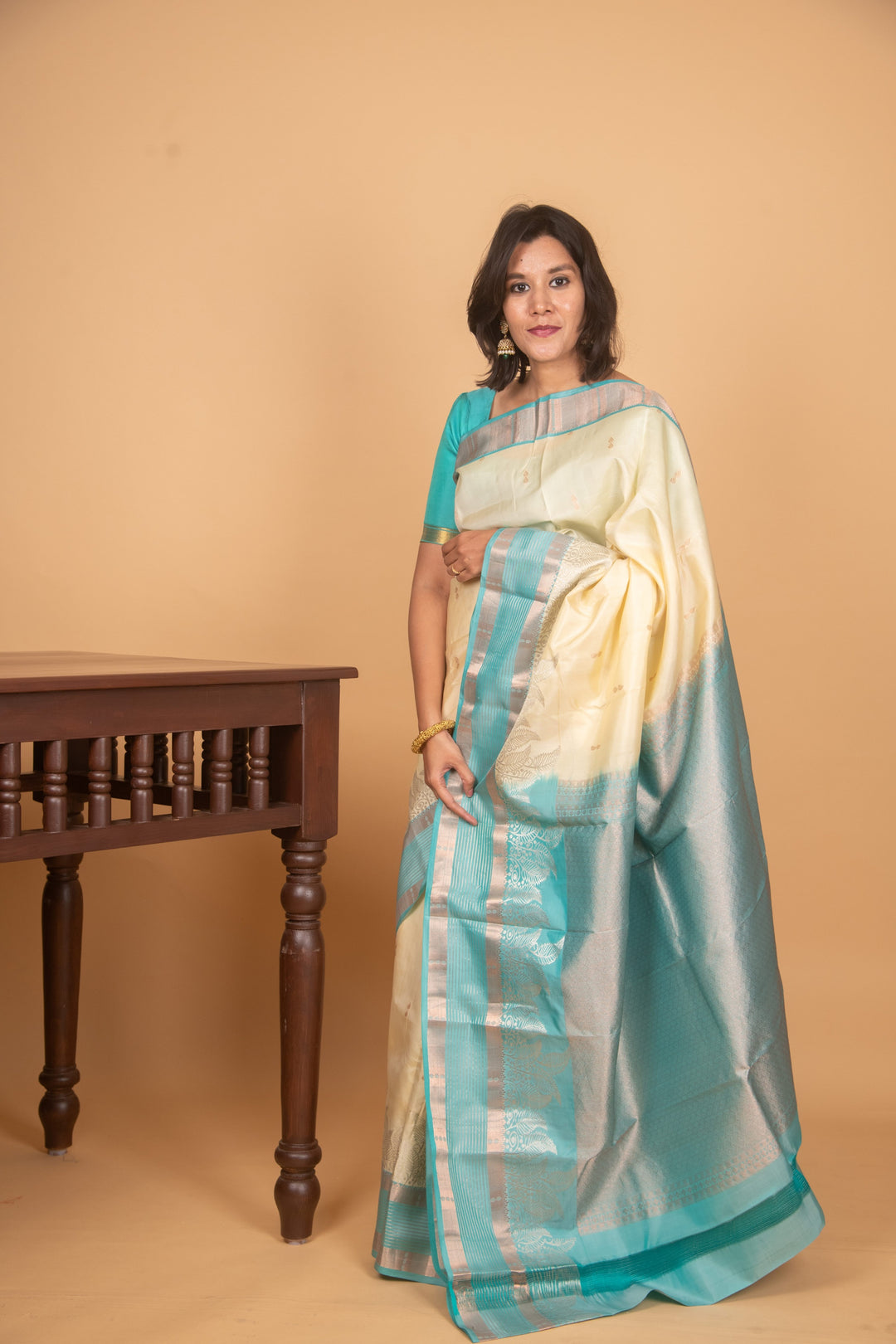 Daisy white and baby blue silk saree
