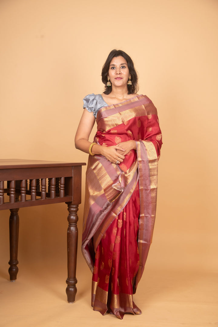 Blush red and mauve pure silk saree