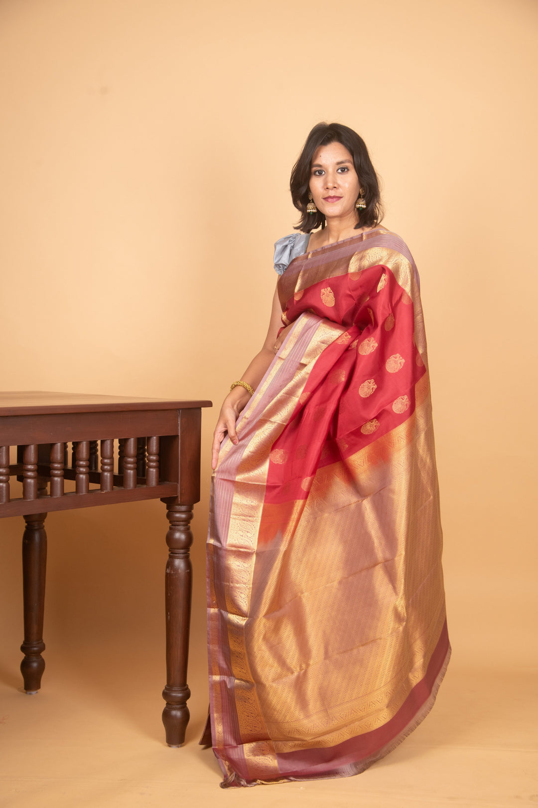 Blush red and mauve pure silk saree