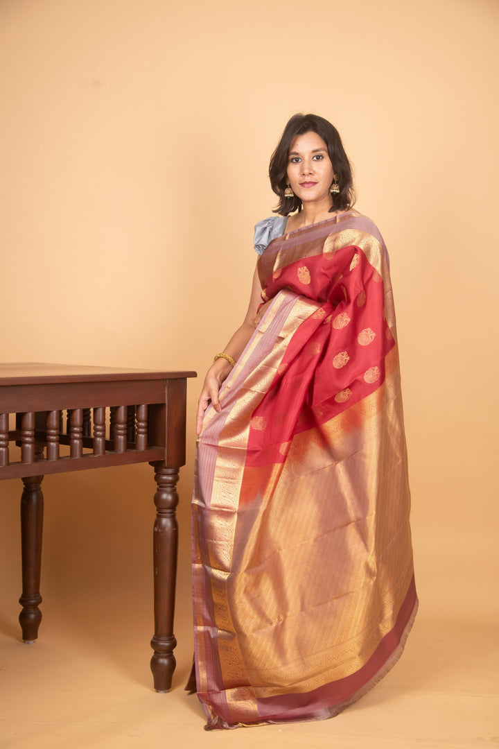Blush red and mauve pure silk saree