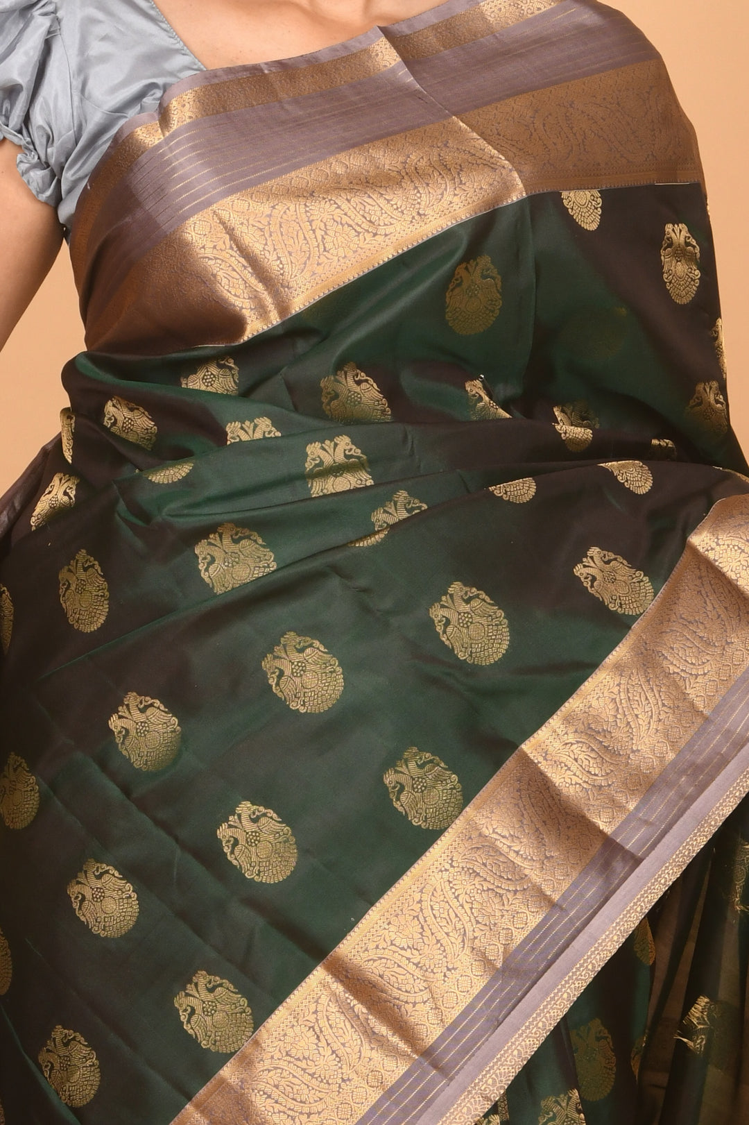 Forest green and grey pure silk saree