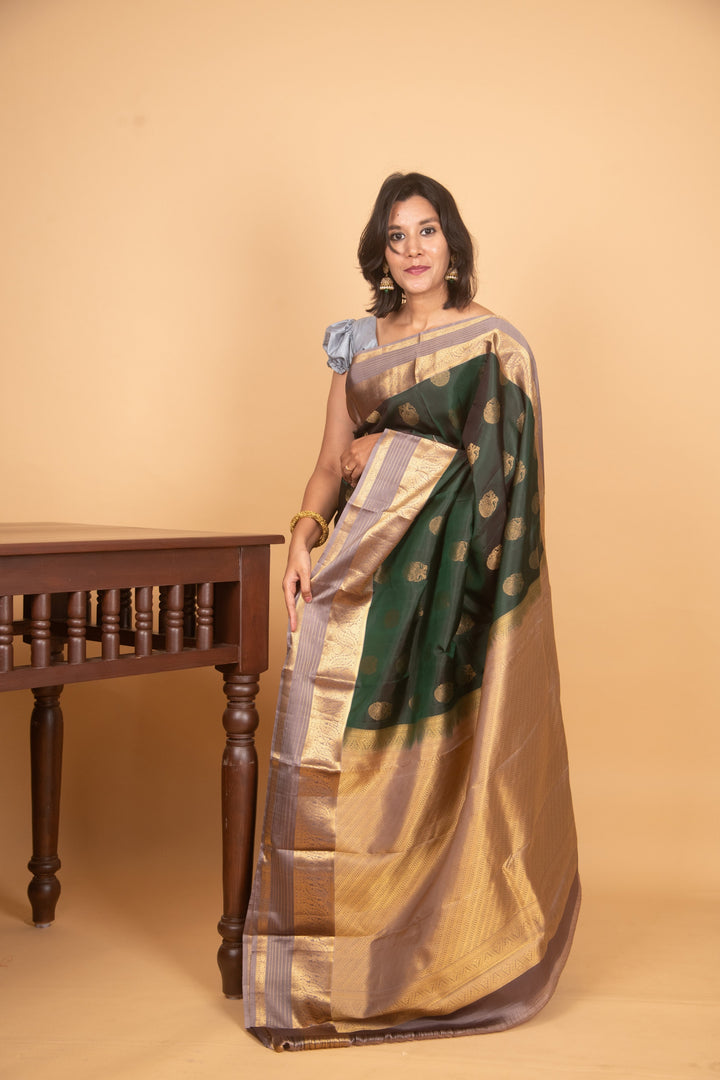 Forest green and grey pure silk saree