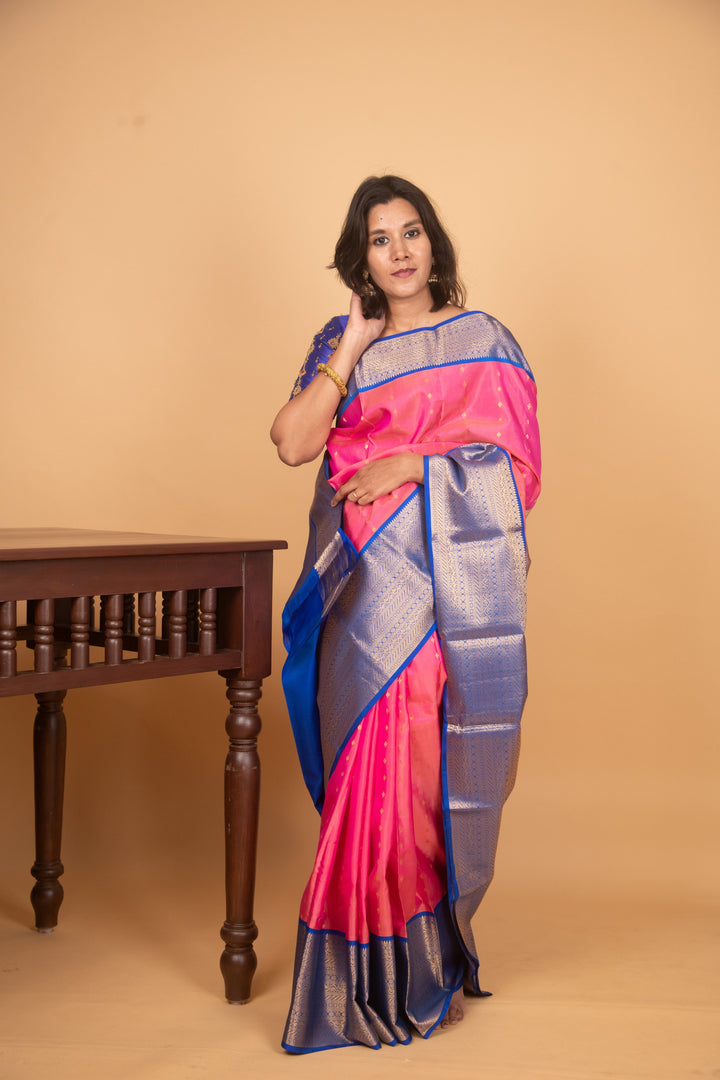Gulabi pink and blue silk saree