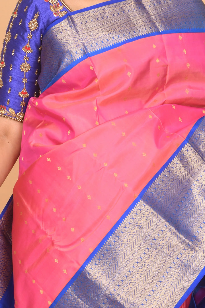 Gulabi pink and blue silk saree