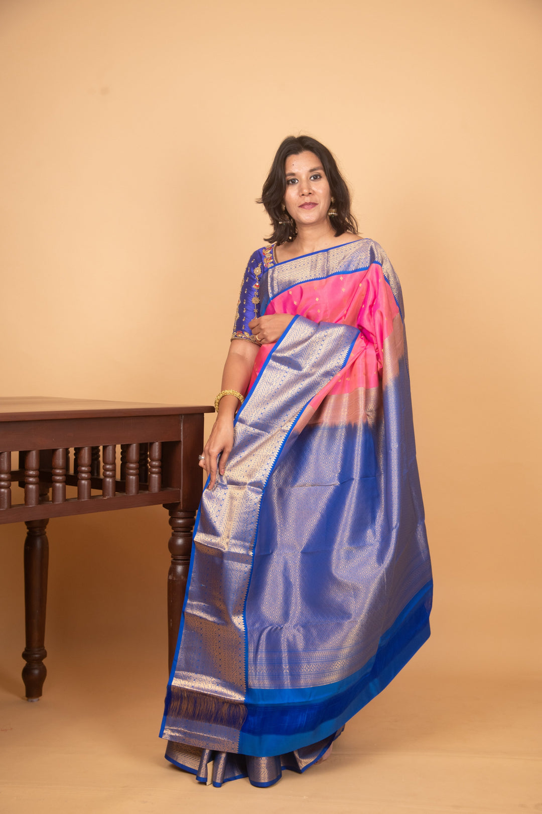 Gulabi pink and blue silk saree