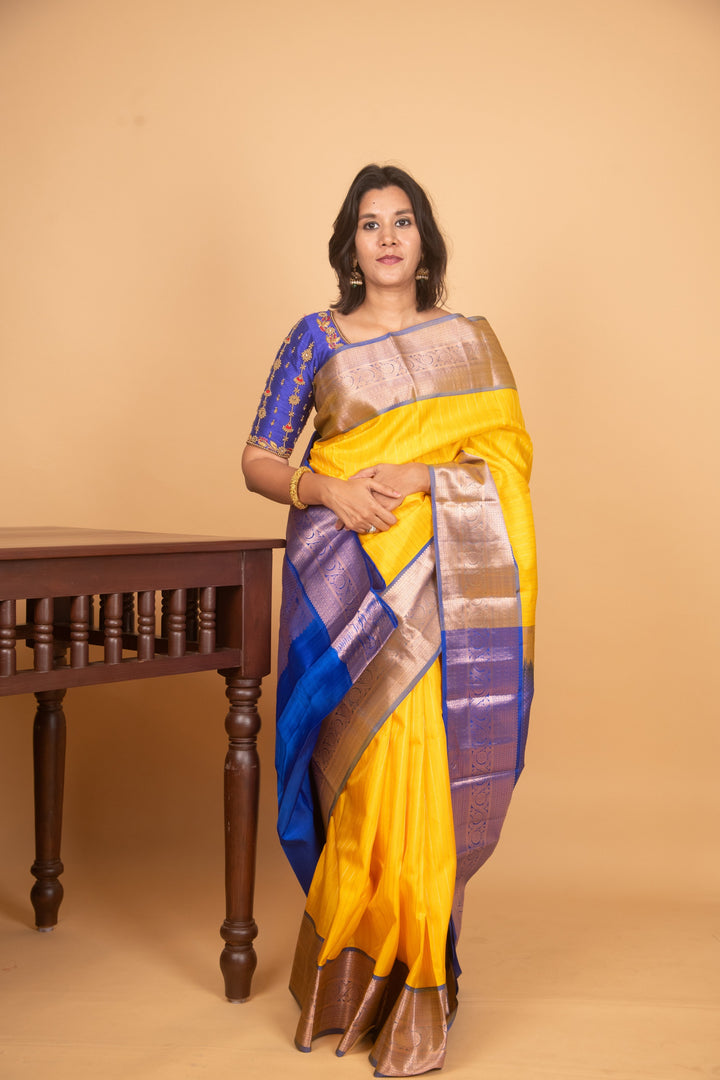 Sunflower yellow and royal blue silk saree