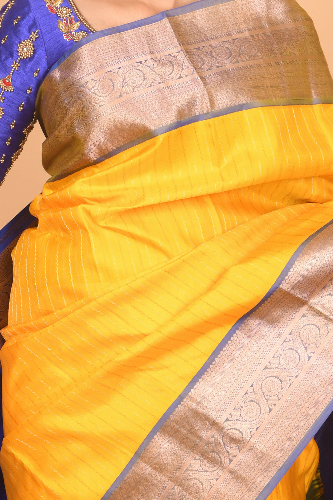 Sunflower yellow and royal blue silk saree