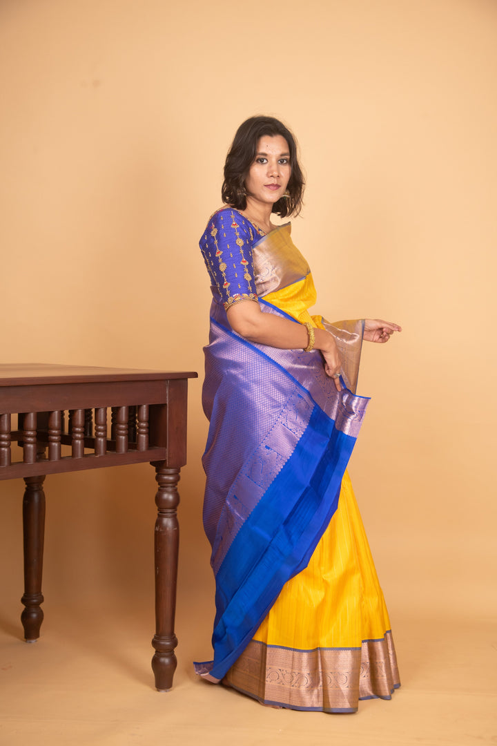 Sunflower yellow and royal blue silk saree