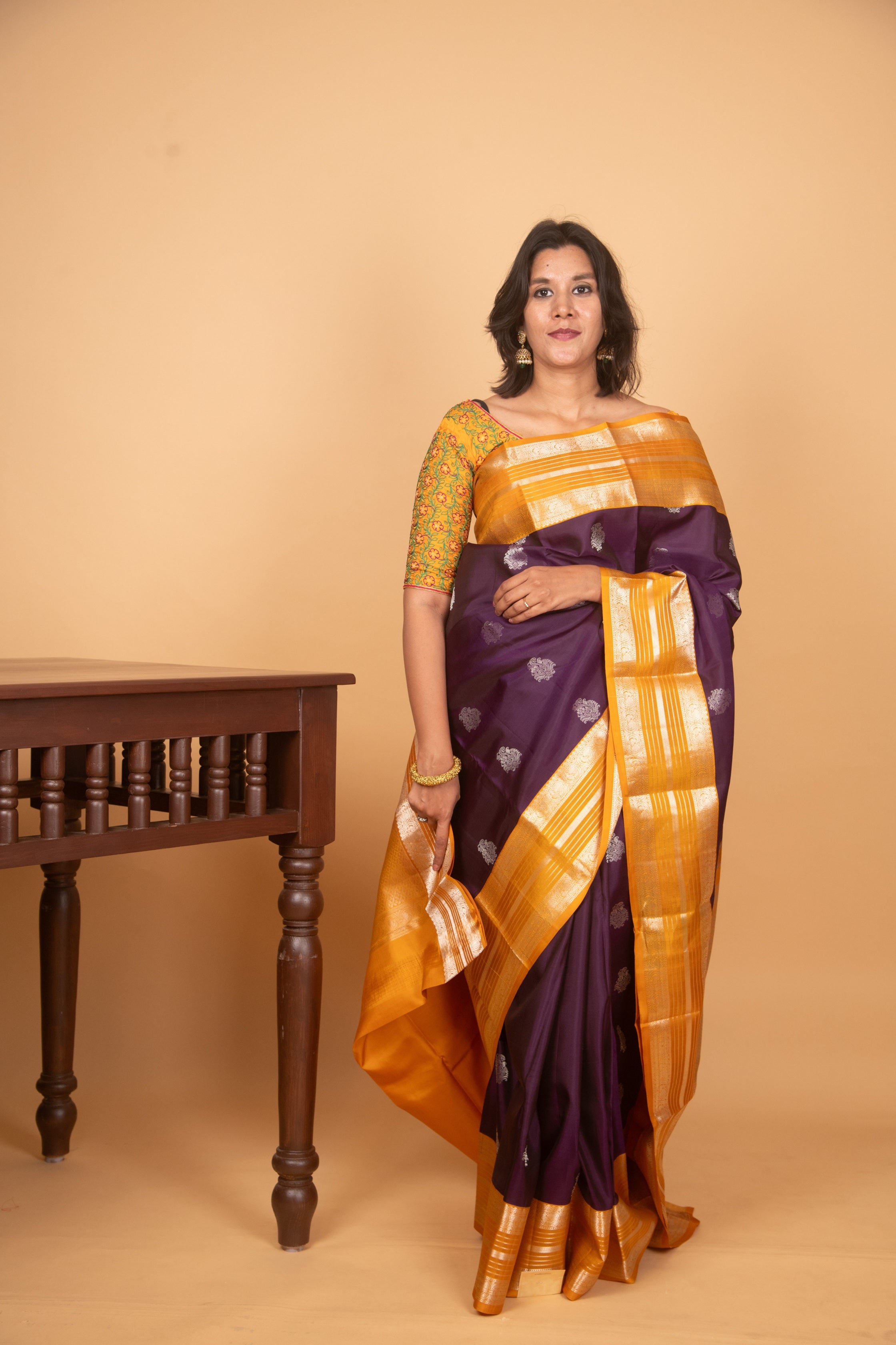 Purple and mustard korvai silk saree