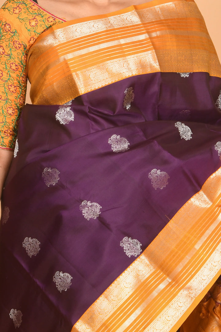 Purple and mustard korvai silk saree