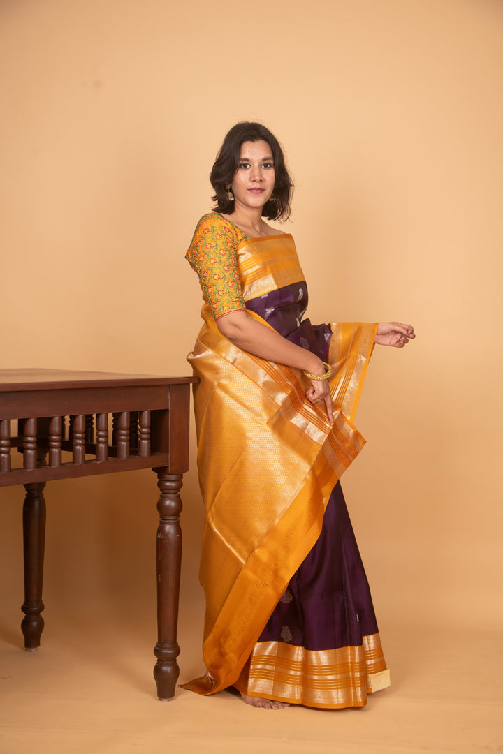 Purple and mustard korvai silk saree