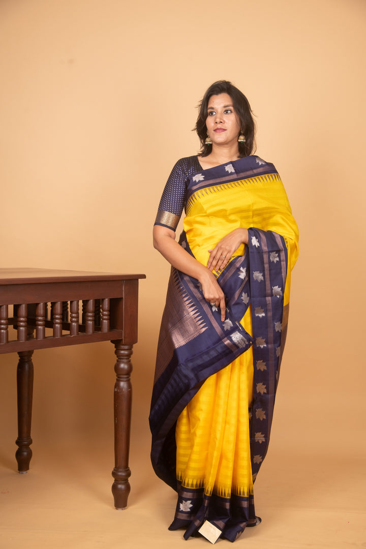 Corn yellow and blue silk saree